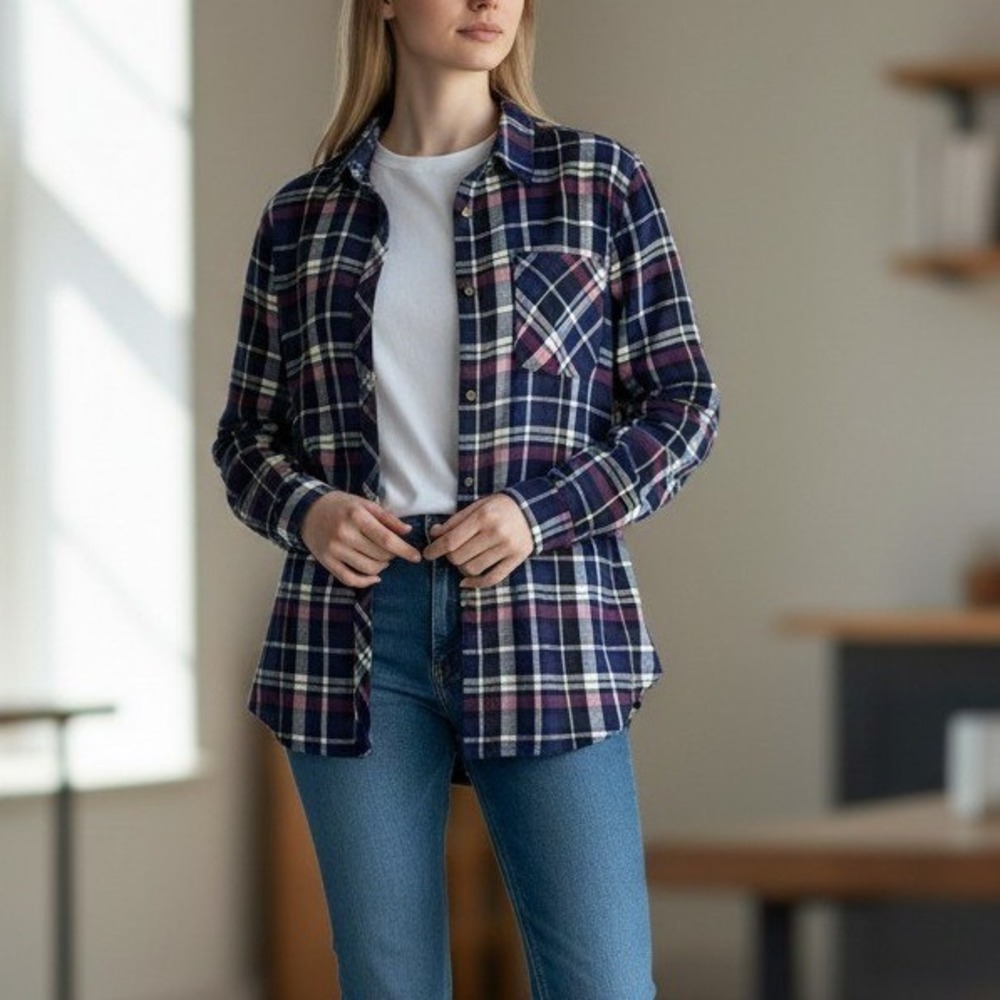 Plaid Super Soft Flannel Shirt Womens L Navy Pink Fall Fashion Trendy Boho Layer